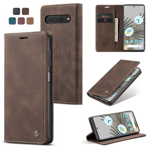 owlhold Handyhülle für Google Pixel 7 Pro Hülle Premium Lederhülle Weiches Vintage-Nubukleder Faltbare Ständer Schutzhülle Kartenfach Standfunktion stoßfest klapphülle Pixel 7 Pro -Kaffee