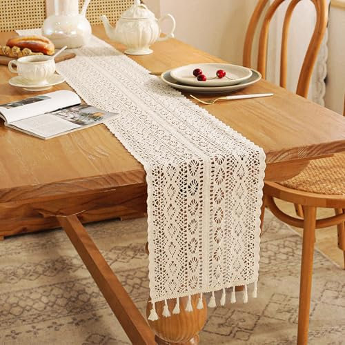 Tischläufer Boho, Gehäkelte Tischläufer Quasten Tischläufer Spitze Boho Tischwäsche Rechteckige Häkelspitze Mesh Tischdecke Klassische Hochzeit Tischdecke Vintage Tassel Tischdeko Tablerunner 30x120cm