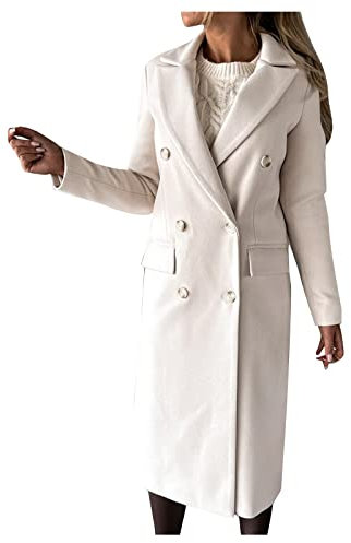 Generisch Wintermantel Damen Peacoat Zweireihiger Trenchcoat Langer Jacke Elegante Mantel Einfarbig Winterjacke Mode Coat Winter Cabanjacke Leichte Übergangsmantel Reverskragen Freizeitjacke