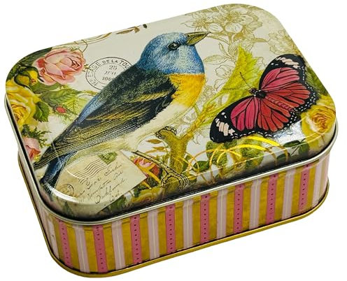 Geschenkdose Design Nostalgia - Liebevoll gestaltete rechteckige kleine Minidose - Motiv Vogel & Schmetterling - Bonbondose, Pillendose, Blechdose - Maße: (L x B x H): 10,5 x 7,8 x 6,4cm