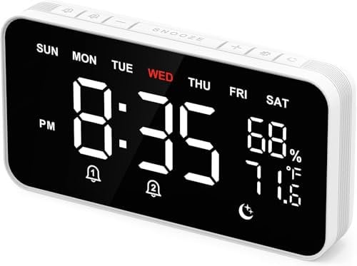 Dekala LED Digitaler Wecker mit Doppelalarmen, Temperatur- & Feuchtigkeitssensor, Nachttischfunktion mit Snooze, 12/24h-Format, Großem Automatisch Dimmbarem Display und Digital Uhr Netzbetrieben