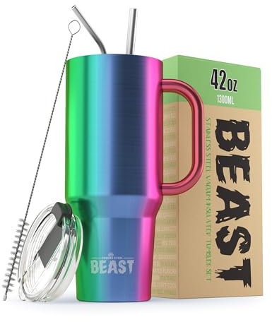 Beast Tumbler - 1300 ml (42 oz), Rainbow | Reusable Stainless Steel, Vacuum Insulated Cup | with + 2 Straws & Cleaning Brush | Double Wall Travel Flask Perfect for Hot or Iced Coffee | BPA Free