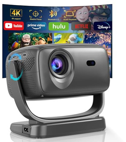 Proiettore Portatile 4K Supporto Girevole a 180° – Proiettore TV Home Cinema Smart, Videoproiettore con WiFi 6 Bluetooth 5.2, Focus Elettrico e Correzione 4P/4D, Compatibile con Smartphone/PC/HDMI/USB