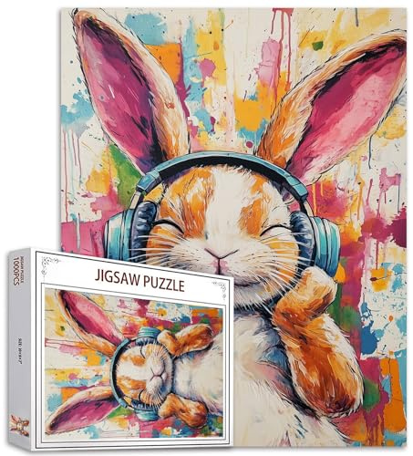 Kaninchen-Puzzle, Musikhören, für Erwachsene, 1000 Teile, Hasen-Puzzle, niedliche Tier-Puzzle, Kunst, 1000 Teile, Familienpuzzle, perfekt für Spielabende