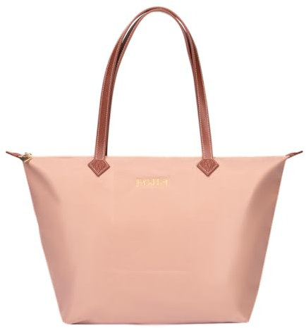 BOJLY Tote Bag Groß Shopper Tasche Damen, Leichte Faltbare Handtasche, Wasserdichte Nylon Schultertasche Damen mit Reißverschluss für Arbeit, Schule, Einkauf, Reisen (Pfirsich-Puff)