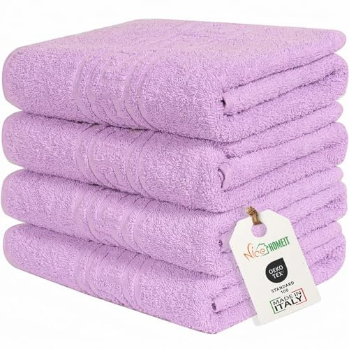 nice homeit - Juego de 4 Toallas de 100% algodón Hilado en Anillo – 60 x 100 cm – Aptas para Uso Diario y Deportivo – Extra Suaves y absorbentes – Made in Italy (Violeta)