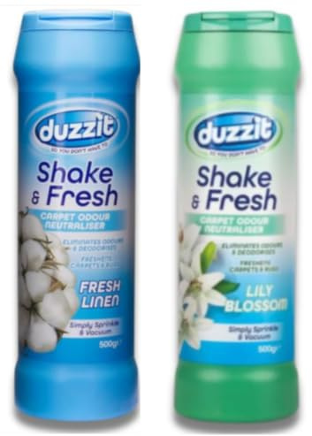 Shake and Fresh Carpet Odour Eliminator Pack of 2 Duzzit - Freshen Your Home with Long-Lasting Scents! (Fresh Linen, Lily Blossom)