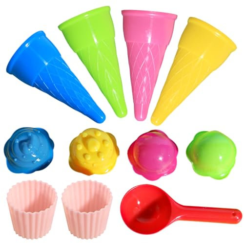 Satiskid 11 Stück Eiscreme Strandset, Eiscreme Spielzeug für Kinder, Eiscreme Formset mit Hörnchen, Löffel und Bechern, Sandkastenspielzeug, Strandspielzeug für Kleinkinder im Alter von 1-5 Jahren