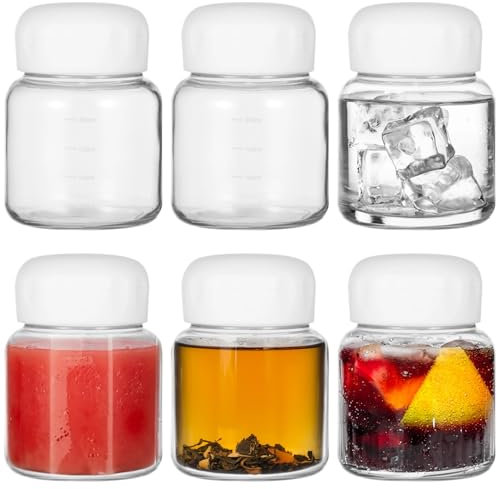 Lot de 6 mini bouteilles en verre étanches de 300 ml avec couvercles, idéales pour les boissons, le lait et le thé, avec échelle de mesure