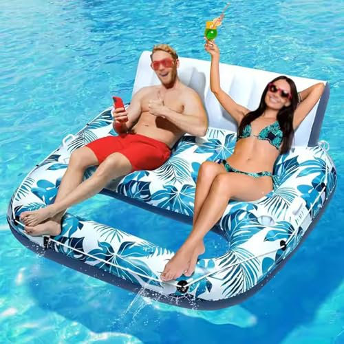 Sillón hinchable para 2 personas, con respaldo grande, isla de natación, colchón de aire, piscina para adultos, con soporte para bebidas y asa, sillón de piscina para playa