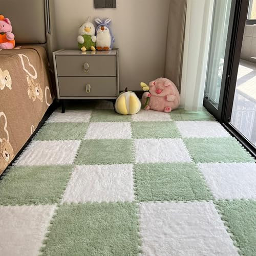 Plush Foam Interlocking Floor Mat, Soft Square Puzzle Carpet Tiles, Cuttable Playroom Rug Mat, Prefect for Kids Room, Nursery, Bedroom, Or Indoor Play Area, Noise-Reducing, 12x12x0.4 In