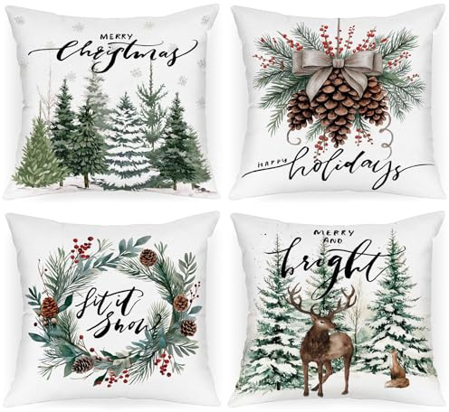 Lanpn Weihnachten Kissenbezug 4 stück, Plüsch Weihnachtskissenbezug 45x45 cm Elch Kranz Weihnachtsbaum Dekor Urlaub Kissenhülle für Winter Wohnzimmer Sofa Couch Weihnachten Heimdekoration