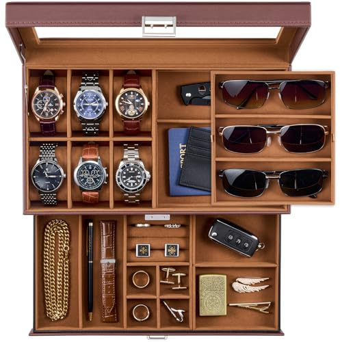 ProCase 6 Slot Uhrenbox 3 Slot Brillenbox Herren Schmuckkästchen