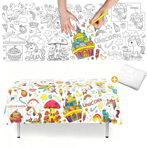 Große Ausmaltischdecke 183x76 cm – Tischdecke zum Ausmalen mit Einhorn-Motiv für Mehrere Kinder ideal für Familienfeiern Partys und Bastelaktivitäten