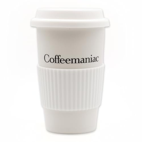 By plain Coffeemaniac - Reusable Coffee Ceramic Travel Mug - Insulated Thermal Tumbler with Spill-Resistant Lid - Double Wall Portable Coffee Mug - Travel Coffee Mug 12oz (White)