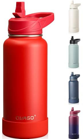 CIVAGO Insulated Stainless Steel Water Bottle with Straw, 950ml Metal Sports Drink Bottle with Handle, Large Travel Thermal Flask Cup for Gym and Hiking, Red