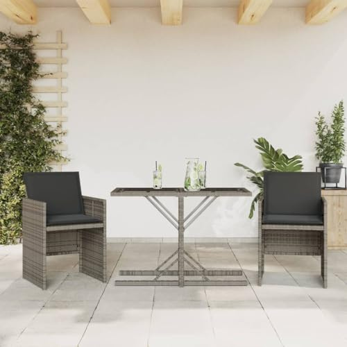 Tonture 3-TLG. Bistro-Set mit Kissen Grau, Poly Rattan Gartenmöbel, Klappstühle, Glastisch für Balkon, Terrasse, Außenbereich, UV-beständig