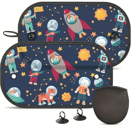 WUMZIRA Parasol Coche Bebé con Protección UV, Pack de 2 Protector Solar Ventana Lateral Coche Niños, Cortina Coche Infantil con Diseño de Pájaros Espaciales 50x30cm para Ventanillas Traseras