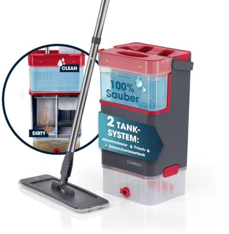 CLEANmaxx Komfort-Mopp DuoTank - Bodenwischer mit abnehmbaren Tanks, Wischmopp mit 100 % hygienisch getrenntem Frisch- und Schmutzwasser | Wash- & Dry-Zonen | 132 cm Stiel, inkl. 2 Mikrofasertücher