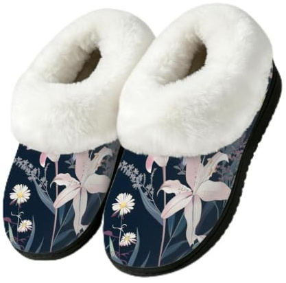 Myfsucce Fluffy Slippers Women Men Warm Cozy House Shoes with Closed Back | Plush Fuzzy Faux Fur Collar, Non-slip TPR Rubber Sole, Winter Indoor Outdoor - Lily Flower