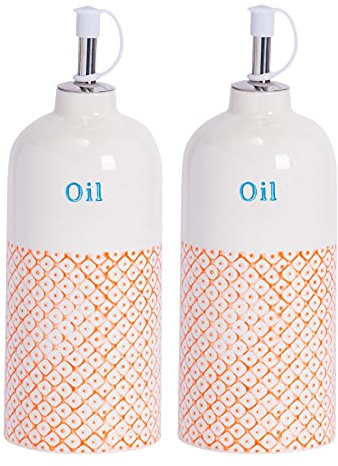 Nicola Spring Olive Oil Bottles - 500ml - Pack of 2 - Dishwasher Safe Porcelain Kitchen Hand Printed Orange Olive Oil Dispenser Cruet with Chrome Pourer Spout for Kitchens, Restaurants, Dining