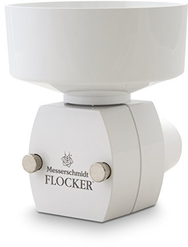 Flocken-Quetsche von Messerschmidt, weiß, mit Adapter für die Kuechen-Maschine BOSCH MUM5 Serie. Zubehoer Vorsatz zur Verarbeitung von Getreide, Hafer, Leinsamen und Gewuerze