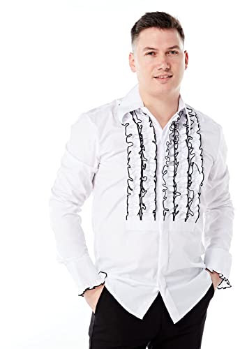 ZenRetro Herren Smokinghemd mit Rüschen, weiß/schwarz, 2XL