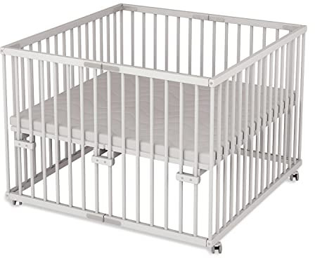 Sämann Laufgitter faltbar 100x100 cm mit Matratze - PREMIUM - stufenlos höhenverstellbar - Laufstall klappbar - Baby Buche weiß