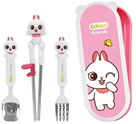 Edison Friends Juego de 4 palillos de acero inoxidable, cuchara, tenedor y funda, 4 palillos para entrenamiento, principiantes, entrenamiento cerebral (conejo blanco) para diestros/fabricado en Corea