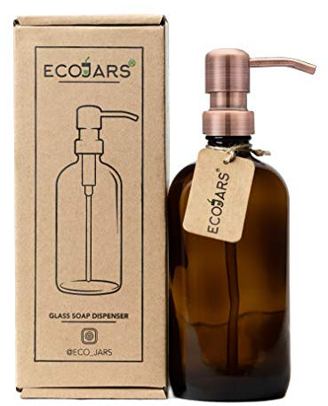 Amber Glass Jar Soap Dispenser with Antique Colour Rose Copper, Stainless Steel Dispenser, BPA Free, Eco Friendly, 500ml, Housewarming Gift Box