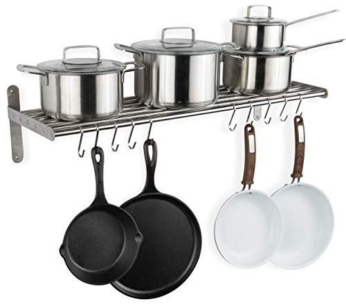 Wallniture Lyon Kitchen Organization and Storage Rack, Stainless Steel Metal Wall Shelf with 10 S Hooks for Hanging Pots and Pans, Chrome