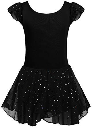 Arshiner Mädchen Glitter Ballettkleid Baumwolle Balletttrikot Kinder Kurzarm Ballettkleidung Ballettanzug Tanzkleid Tanzbody mit Tütü Rock Tütü, Schwarz, 140