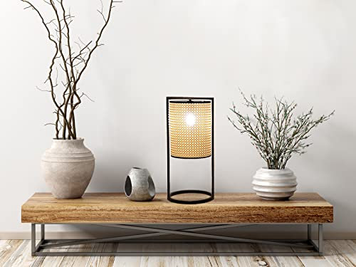 Stylishe LED Hockerleuchte 56cm hoch mit schwarzem Gestell & Lampenschirm in Rattan Optik