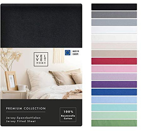 VelvetHome Spannbettlaken 140x200cm 100% gekämmte Baumwolle Made in EU Jersey Bettlaken 140x200 bis 25 cm Matratzenhöhe Spannbetttuch 140x200 Premium Qualität Schönen Farben Schwarz 140 x 200