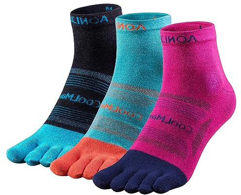 TRIWONDER Chaussette à Orteils Séparés 3 Paires Chaussettes de Sport 5 Doigts Basses Socquettes Respirant pour Homme Femme Course Trail Running (S, B - Rose rouge + Bleu clair + Noir)