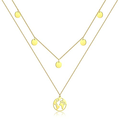 AFSTALR Gold Welt Anhänger Damen Doppelkette Weltkugel Multilayer Kette mit 5 Coin