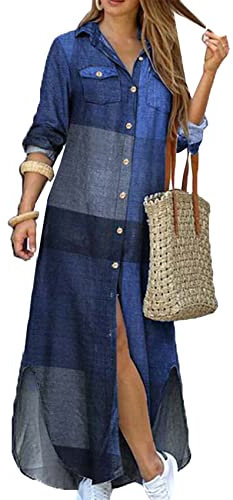 YMING Women's Elegant Rolled Up Sleeve Button Down Lightweight Loose Fit Long Blouse Shirt Maxi Dress Blue S