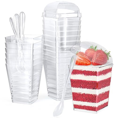 CoKeeSun 30 Pcs Dessert Cups with Lids and Spoons, 5.6 oz/160 ml Square, Transparent, Reusable Plastic Dessert Cups for Dessert with Pudding Mousse Ice Cream