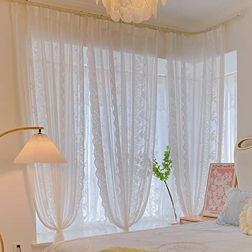 GELISURE Farmhouse White Lace Curtain Valance 2 Panels - Semi Sheer Short Tulle Curtains - For Dressing Table, Cloakroom, Living Room Door Curtain, Kitchen Window Curtain, 3 Styles