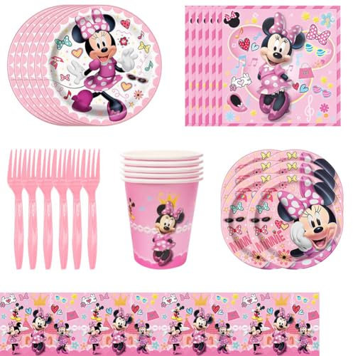 Ksopsdey 51 pcs Minnie Tableware Packs Minnie Happy Birthday Party Supplies Minnie Tableware Decoration for Kids Includes Plates, Cups,Tablecloth,Napkins,Forks for 10 Guests