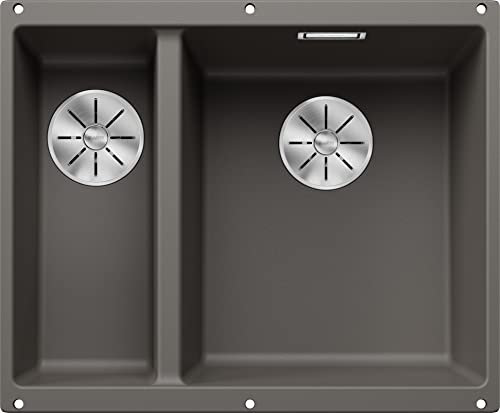 BLANCO SUBLINE 340/160-U Fregadero de granito de color gris silcán, tipo de montaje: bajo encimera, lavabo principal a la derecha, para armarios bajos de 60 cm de ancho, un recorte y solo montado una