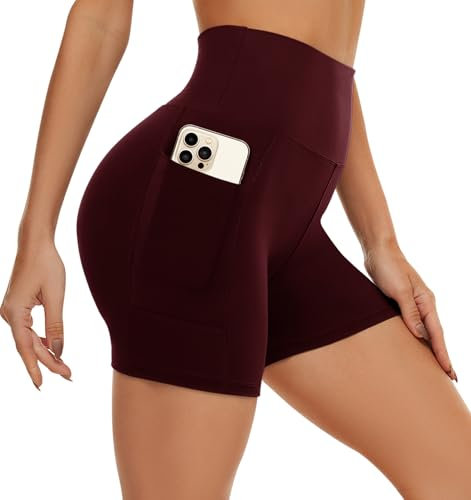 AMIYOYO Kurze Sporthose Damen mit Handytasche High Waist Radlerhose Blickdicht Sport Shorts Kurze Leggings Bauchweg Unterhosen Yoga Gym für Sommer(Weinrot,S-M=DE34-40)