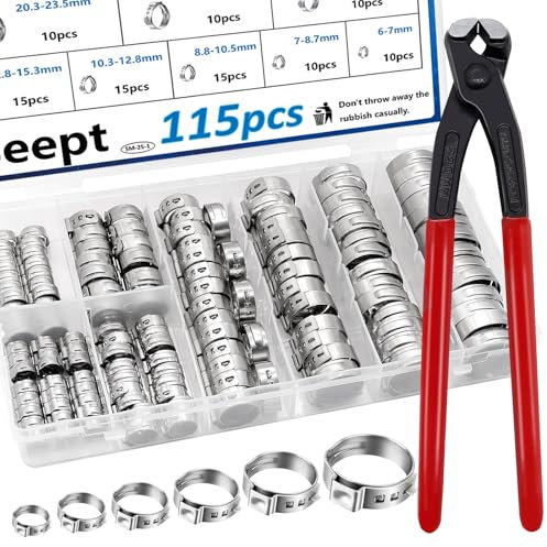 Seept 115PCS 6-28.6mm Single Ear Hose Clamps Kit with Pliers for Auto, Home, Appliance, Pipe, Fuel Line