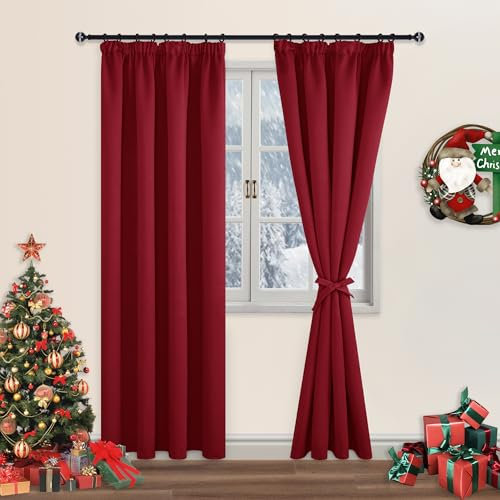 DWCN Fensterdeko Vorhänge mit Kräuselband 2er Set H 260 x B 140 cm, Blickdicht Wohnzimmer mit Vorhang-Krawatten, Verdunkelungsvorhang Gardinen Thermogardine Wärmeisolierend, Rot