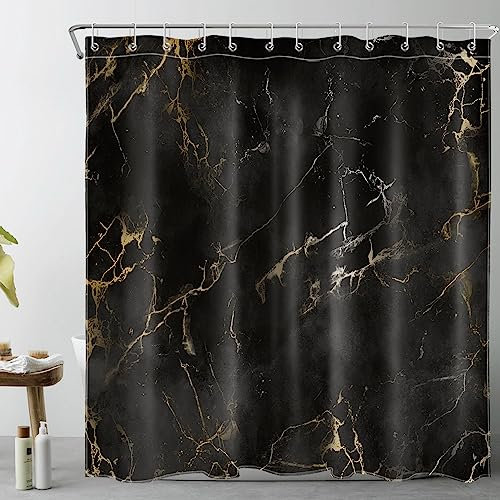 LB Schwarzer Marmor Duschvorhang 240x175cm Gold gestreift Antischimmel Wasserdicht Badezimmer Vorhänge, Abstrakt Geometrisch Extra Breit Polyester Stoff Bad Vorhang mit Haken