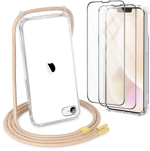 DiDaDi Handykette Kompatibel mit iPhone 7/8, SE 2020 und SE 2022 Hülle mit Band 1*Transparent Schutzhülle mit 2*Schutzfolie, Abnehmbar Handyband Necklace Handyhülle zum Umhängen Kordel Case (Gold)