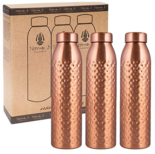 NORMAN JR Wasserflasche aus gehämmertem Kupfer, 1l, groß – Geschenkpackung 3 Stück, ein ayurvedisches Gefäß aus reinem Kupfer–hilft Ihnen mehr Wasser trinken mit vielen gesundheitlichen Vorteilen