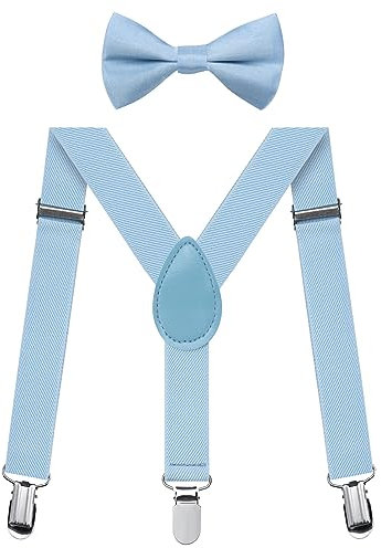 FACATH Kinder Hosenträger Fliege Sets für Weihnachten Party Kostüm Kleid, Y-Form verstellbare Hosenträger mit Schleife Krawatten Geschenkidee für Jungen und Mädchen (Hellblau)
