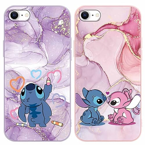 2 Pack Cute Cartoon Case for iPhone 7/8/SE 2020/SE 2022 Cases 4.7,Kawaii Anime Character Movie Girly Marble Cover for Women Girls Boys,Soft TPU Shockproof Protective Funda for iPhone 7 Purple Pink
