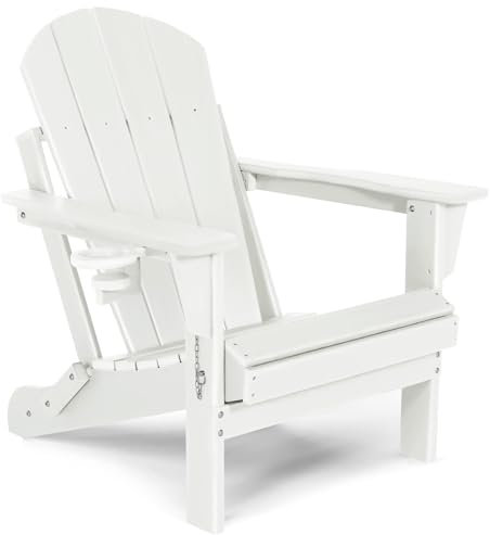 ABCPATIO Adirondack Klappstuhl aus Kunststoff, wetterbeständig, mit Getränkehalter, stapelbare Sitzgelegenheit für Terrasse, Veranda, Deck, Pool, Garten, Hinterhof (Sitzbreite 50,8 cm, Weiß)